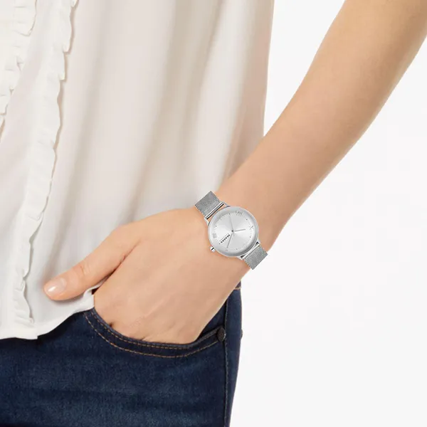 Đồng Hồ Nữ Skagen Nillson Three-Hand Silver-Tone Steel Mesh Watch SKW2874
