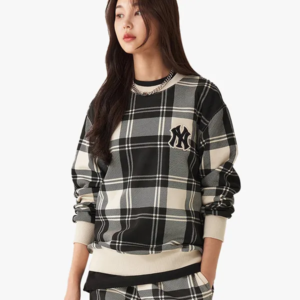 Áo Nỉ Sweater MLB Check Front Overfit Sweatshirt New York Yankees 3AMTC2114-50CRS Màu Đen Trắng