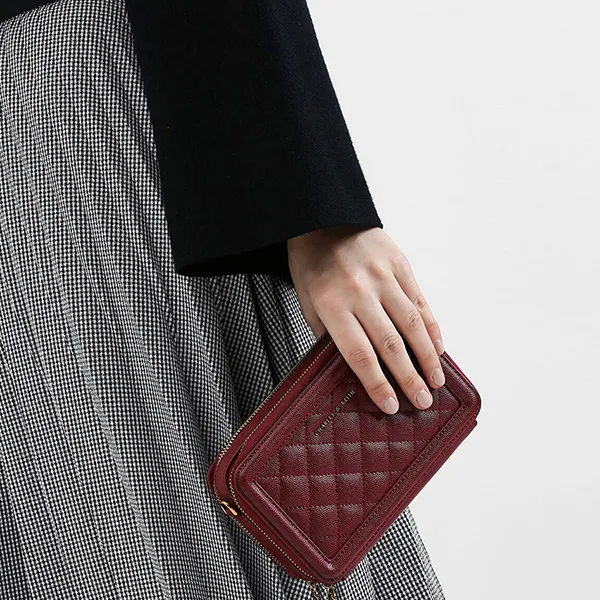 Túi Xách Nữ Charles & Keith CNK Quilted Zip Around Long Wallet Burgundy 10840184 Màu Đỏ Mận