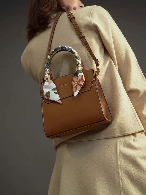 Túi Xách Nữ Charles & Keith CNK Scarf-Wrapped Top Handle Bag Camel Màu Nâu - Túi xách - Vua Hàng Hiệu
