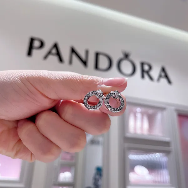 Khuyên Tai Bạc Pandora Pavé & Logo Circle Logo Tròn Đính Đá