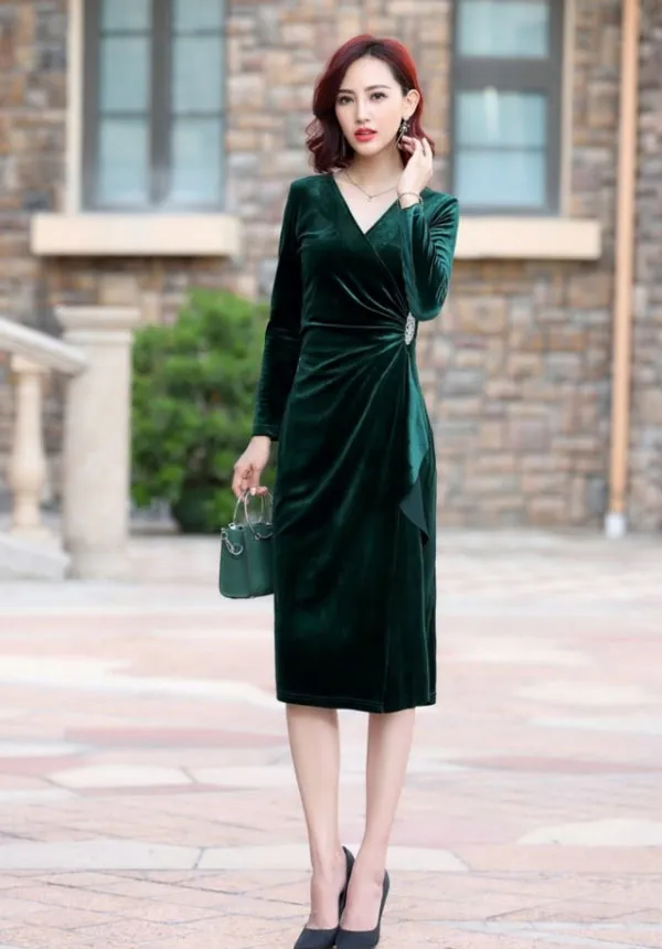Đầm công sở - Váy dự tiệc chất vải nhung cao cấp , giấu bụng cho em chị -  STefanie | Shopee Việt Nam