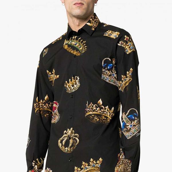 Áo Sơ Mi Nam Dolce & Gabbana D&G Crown Print Fitted Shirt Black Size 37 - 1