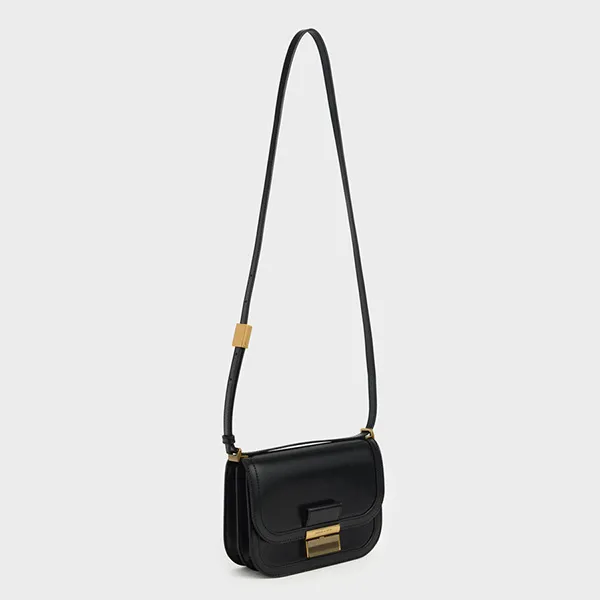 Túi Đeo Chéo Nữ Charles & Keith CNK Metallic Push-Lock Crossbody Bag CK2-80781599-1 Màu Đen