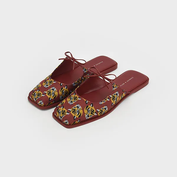 Giày Bệt Nữ Charles & Keith CNK Dionne Tiger-Print Jacquard Flat Mules Màu Đỏ/Vàng