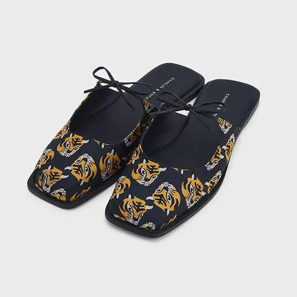 Giày Bệt Nữ Charles & Keith CNK Dionne Tiger-Print Jacquard Flat Mules Màu Xanh Navy/Vàng Size 36