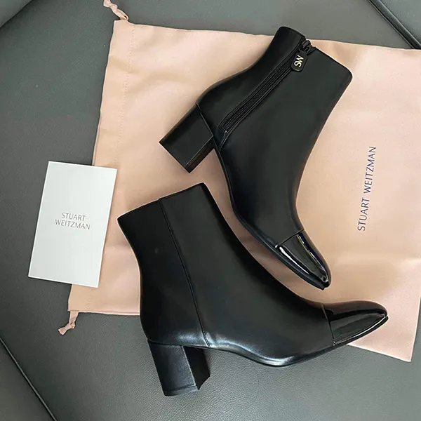 Giày Boot Nữ Stuart Weitzman Tegan Cap-Toe Leather Booties Màu Đen Size 37