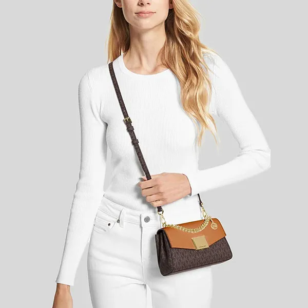 Túi Đeo Chéo Michael Kors MK Lita Small Two-Tone Logo And Leather Crossbody Bag 35H0GXPC1V Brown - Túi xách - Vua Hàng Hiệu