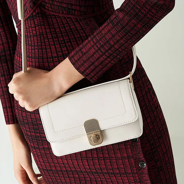 Túi Xách Nữ Charles & Keith CNK Enya Front Flap Turn-Lock Shoulder Bag Cream 20781652 Màu Trắng