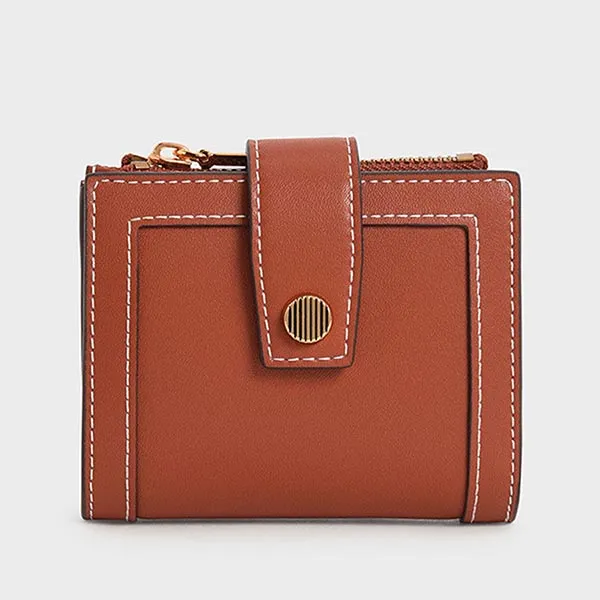 Ví Nữ Charles & Keith CNK Bronte Stitch Trim Short Wallet Brick 11200018 Màu Nâu