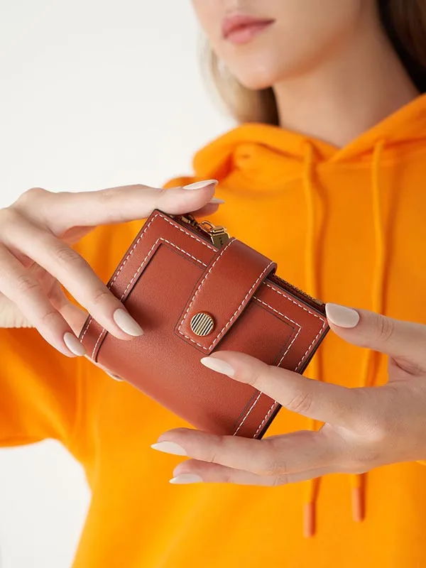 Ví Nữ Charles & Keith CNK Bronte Stitch Trim Short Wallet Brick 11200018 Màu Nâu