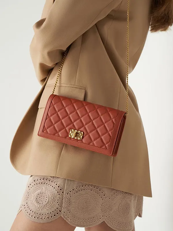 Túi Xách Nữ Charles & Keith CNK Micaela Quilted Phone Pouch Brick 70840448 Màu Đỏ Gạch