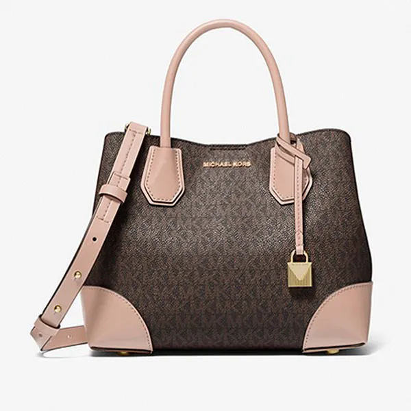 Túi Xách Michael Kors MK Mercer Gallery Small Signature Logo Satchel Màu Nâu, Hồng - Túi xách - Vua Hàng Hiệu