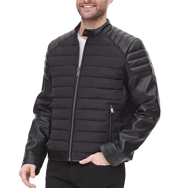 Áo Khoác Da Nam DKNY Mixed Media Faux Leather Puffer Motocros Racer Jacket Màu Đen - Thời trang - Vua Hàng Hiệu