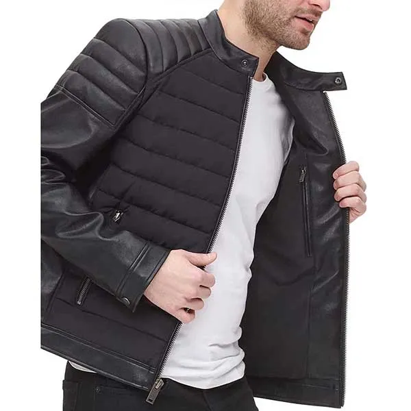 Áo Khoác Da Nam DKNY Mixed Media Faux Leather Puffer Motocros Racer Jacket Màu Đen - Thời trang - Vua Hàng Hiệu