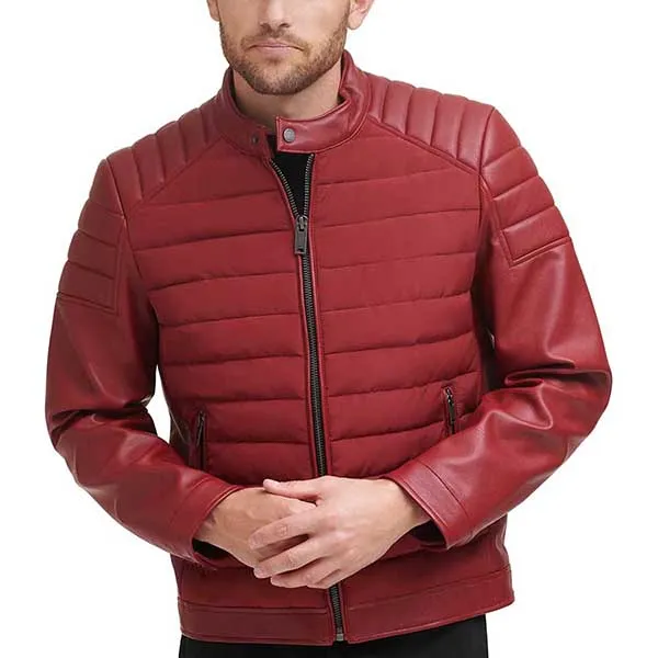 Áo Khoác Da Nam DKNY Mixed Media Faux Leather Puffer Motocros Racer Jacket Màu Đỏ - Thời trang - Vua Hàng Hiệu