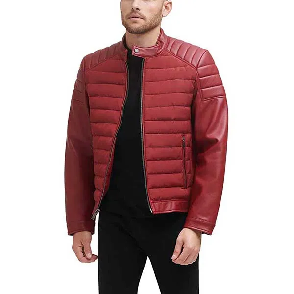 Áo Khoác Da Nam DKNY Mixed Media Faux Leather Puffer Motocros Racer Jacket Màu Đỏ - Thời trang - Vua Hàng Hiệu