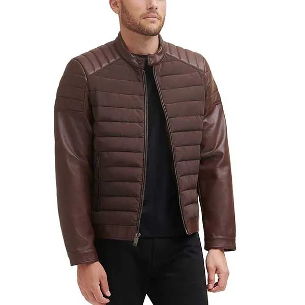 Áo Khoác Da Nam DKNY Mixed Media Faux Leather Puffer Motocros Racer Jacket Màu Nâu - Thời trang - Vua Hàng Hiệu