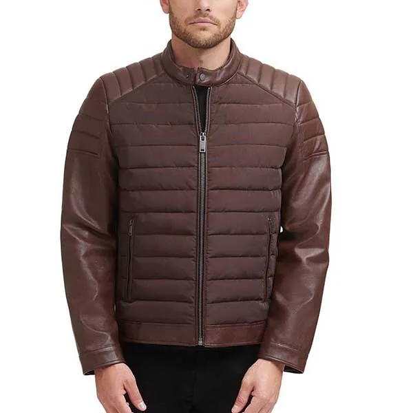 Áo Khoác Da Nam DKNY Mixed Media Faux Leather Puffer Motocros Racer Jacket Màu Nâu - Thời trang - Vua Hàng Hiệu
