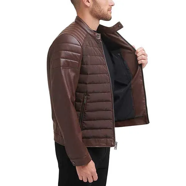 Áo Khoác Da Nam DKNY Mixed Media Faux Leather Puffer Motocros Racer Jacket Màu Nâu - Thời trang - Vua Hàng Hiệu