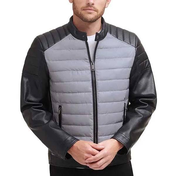 Áo Khoác Da Nam DKNY Mixed Media Faux Leather Puffer Motocros Racer Jacket Màu Xám Đen - Thời trang - Vua Hàng Hiệu