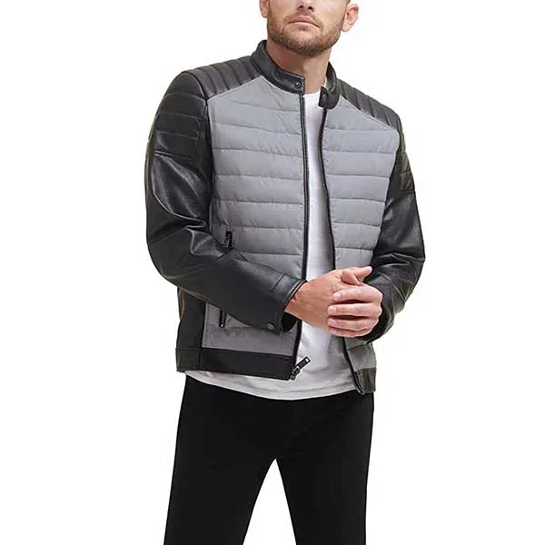 Áo Khoác Da Nam DKNY Mixed Media Faux Leather Puffer Motocros Racer Jacket Màu Xám Đen - Thời trang - Vua Hàng Hiệu