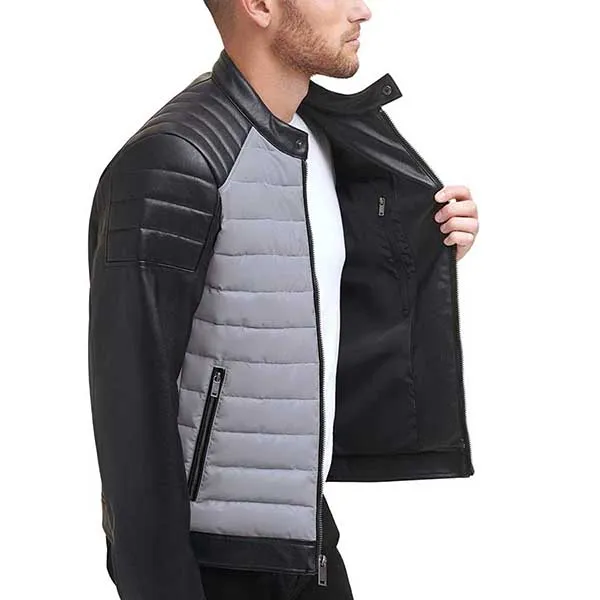 Áo Khoác Da Nam DKNY Mixed Media Faux Leather Puffer Motocros Racer Jacket Màu Xám Đen - Thời trang - Vua Hàng Hiệu