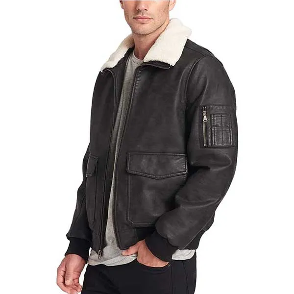Áo Khoác Da Nam Dockers Maverick Faux Leather Sherpa Collar Aviator Bomber Jacket Màu Đen