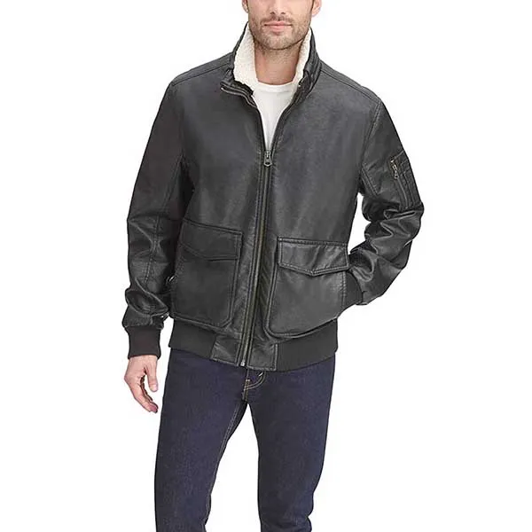 Áo Khoác Da Nam Dockers Maverick Faux Leather Sherpa Collar Aviator Bomber Jacket Màu Đen