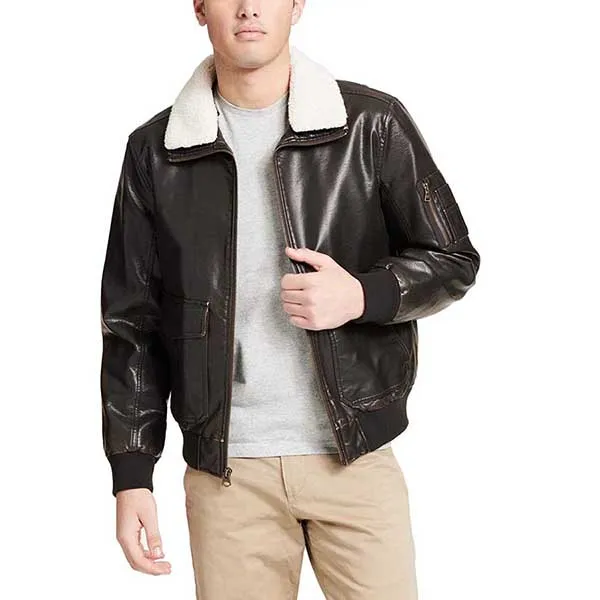 Áo Khoác Da Nam Dockers Maverick Faux Leather Sherpa Collar Aviator Bomber Jacket Màu Nâu Đen