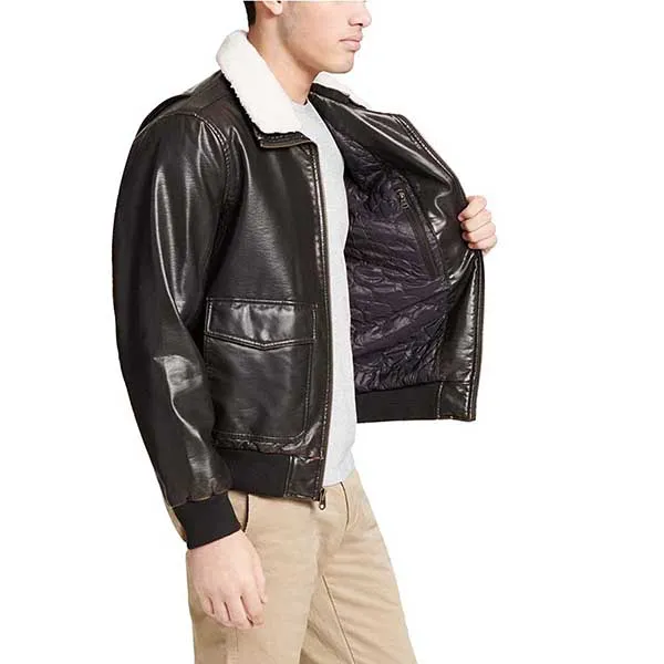 Áo Khoác Da Nam Dockers Maverick Faux Leather Sherpa Collar Aviator Bomber Jacket Màu Nâu Đen