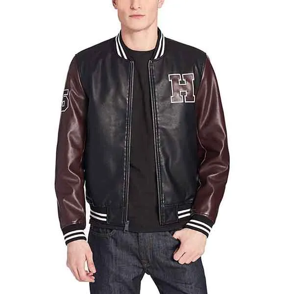 Áo Khoác Da Nam Tommy Hilfiger Faux Leather Varsity Logo Bomber Jacket Màu Đen Nâu