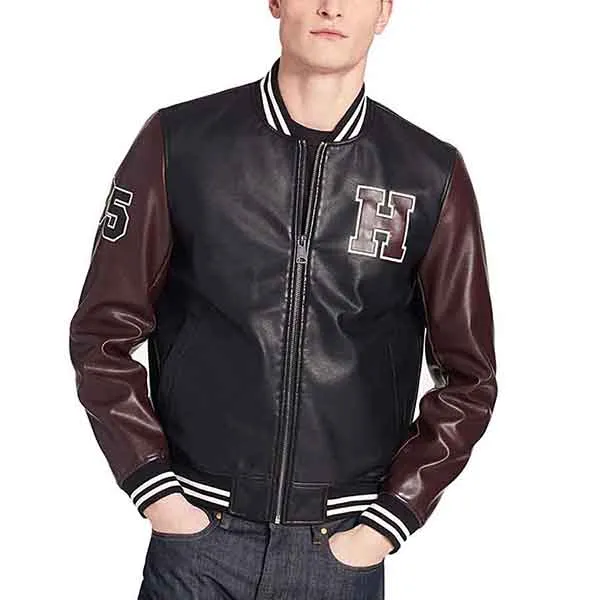 Áo Khoác Da Nam Tommy Hilfiger Faux Leather Varsity Logo Bomber Jacket Màu Đen Nâu