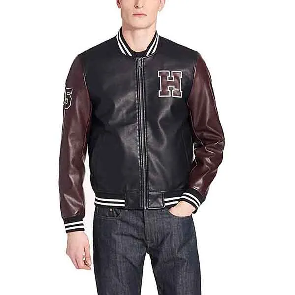 Áo Khoác Da Nam Tommy Hilfiger Faux Leather Varsity Logo Bomber Jacket Màu Đen Nâu