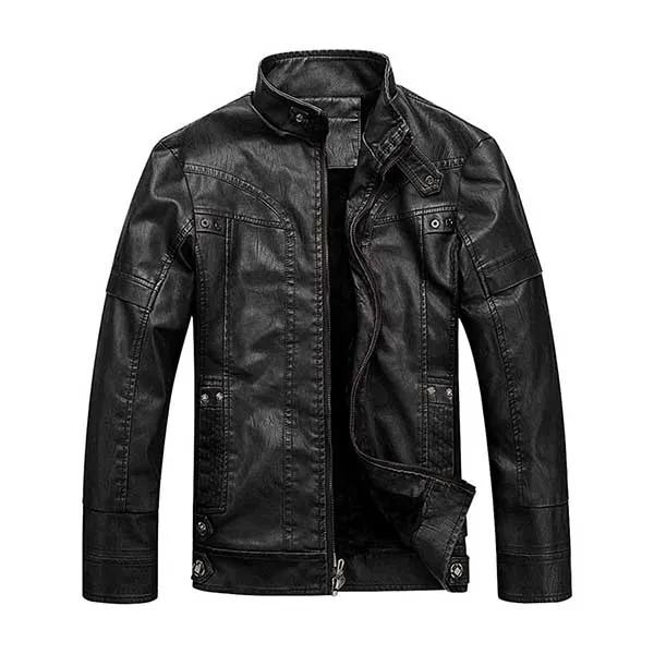 Áo Khoác Da Nam WULFUL Vintage Stand Collar Leather Jacket Motorcycle PU Faux Leather Outwear Black2 Màu Đen - 1