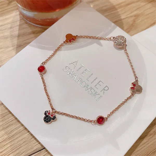 Vòng Đeo Tay Nữ Swarovski Minnie Mouse Charm Màu Vàng Hồng Size L