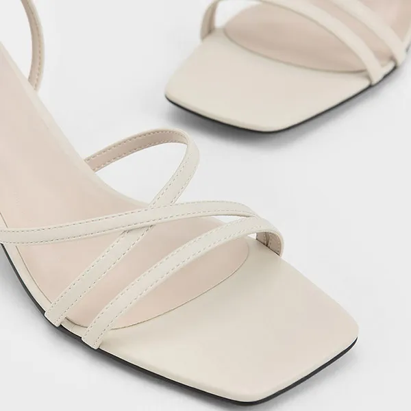 Giày Cao Gót Nữ Charles & Keith CNK Square Toe Slingback Sandals 60050935 Màu Trắng Kem