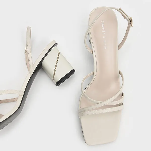 Giày Cao Gót Nữ Charles & Keith CNK Square Toe Slingback Sandals 60050935 Màu Trắng Kem
