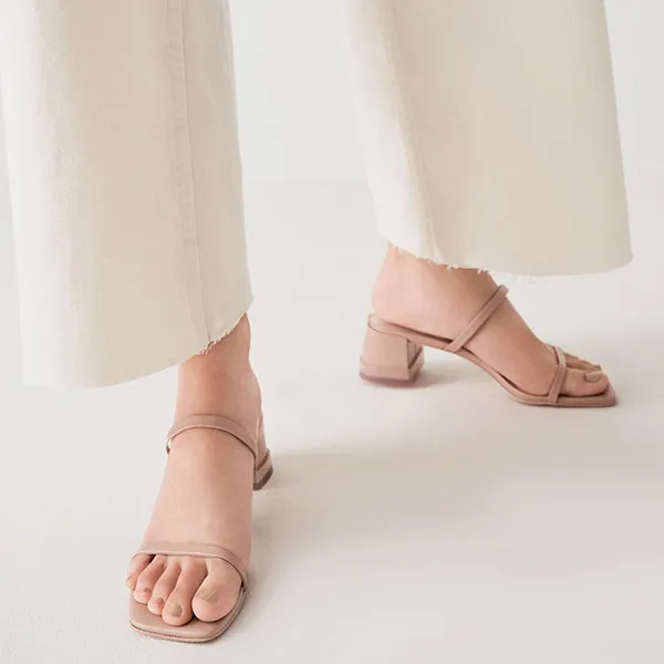 Giày Cao Gót Nữ Charles & Keith CNK Double Strap Block Heel Mules 60190296 Màu Nude