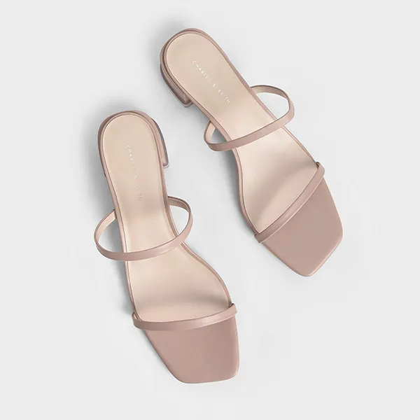 Giày Cao Gót Nữ Charles & Keith CNK Double Strap Block Heel Mules 60190296 Màu Nude