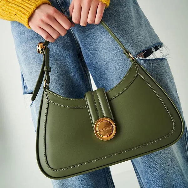Túi Xách Nữ Charles & Keith CNK Ember Metallic Accent Hobo Shoulder Bag 40781661 Xanh Green