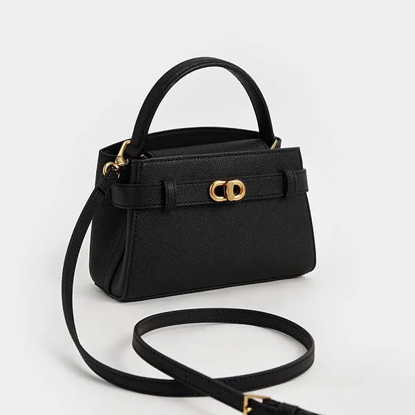 Set Charles & Keith CNK (Túi Aubrielle Metallic-Buckle Top Handle Bag + Ví Marlowe Short Envelope Wallet Black)