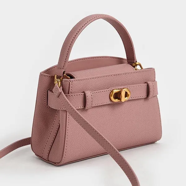 Set Charles & Keith CNK (Túi Aubrielle Metallic-Buckle Top Handle Bag + Ví Marlowe Short Envelope Wallet Mauve)