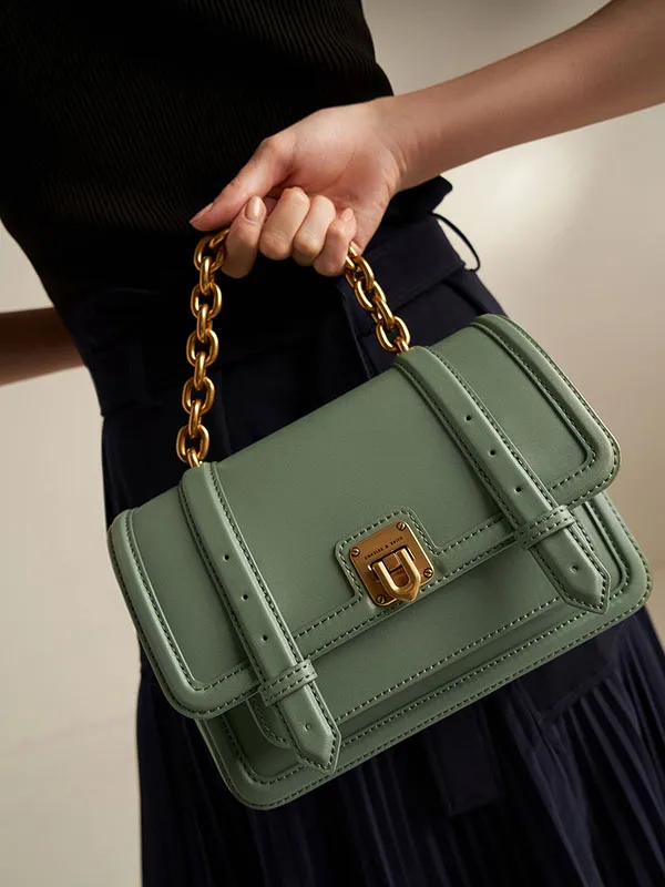 Túi Xách Nữ Charles & Keith CNK Enola Chain Handle Satchel Bag Sage Green Màu Xanh