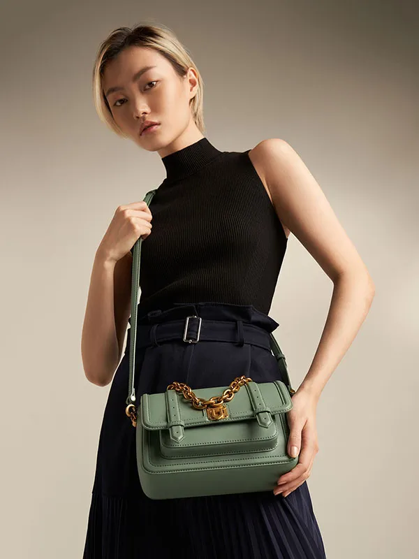 Túi Xách Nữ Charles & Keith CNK Enola Chain Handle Satchel Bag Sage Green Màu Xanh