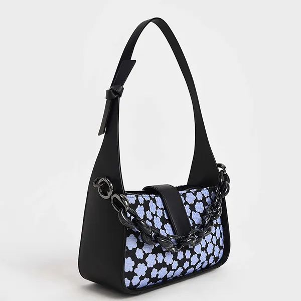Túi Đeo Vai Nữ Charles & Keith CNK Jacquard & Leather Printed Chain-Link Bag 50270847 Màu Đen, Xanh