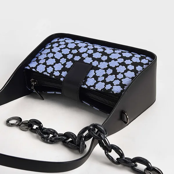 Túi Đeo Vai Nữ Charles & Keith CNK Jacquard & Leather Printed Chain-Link Bag 50270847 Màu Đen, Xanh