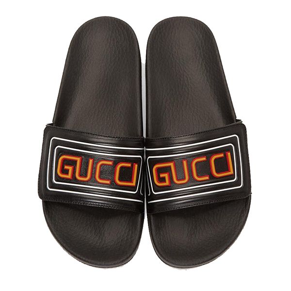 Dép Nam Gucci Men's Black Leather Vamp Logo Slide Màu Đen Size 41 - 1