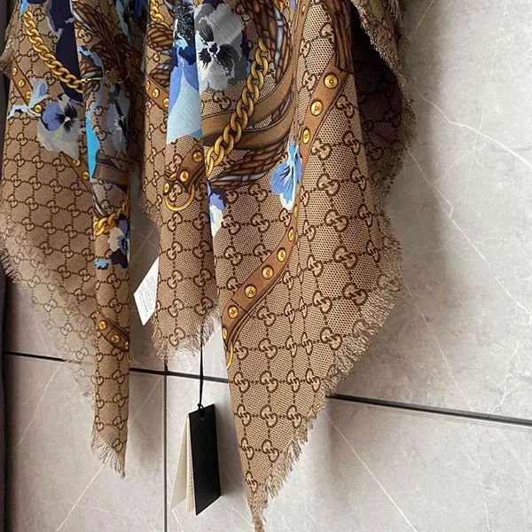 Khăn Lụa Gucci Wolle-Flora 508797 3G200N Màu Xanh Nâu - Thời trang - Vua Hàng Hiệu