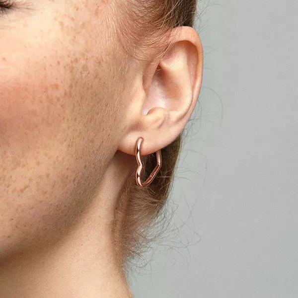 Khuyên Tai Nữ Pandora Asymmetrical Heart Hoop Earrings Vàng Hồng